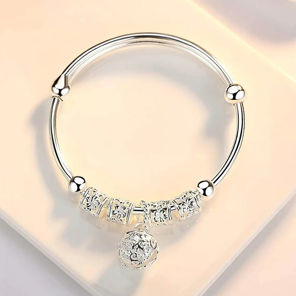 Silver Bell Beaded Elegant Dainty Adjustable Bangle Bracelet Jingle Bells Ball